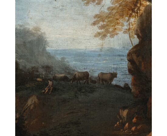 Alessio de Marchis (Napoli 1684 - Perugia o Urbino 1752) cerchia di - Paesaggio arcadico con pastori e gregge.