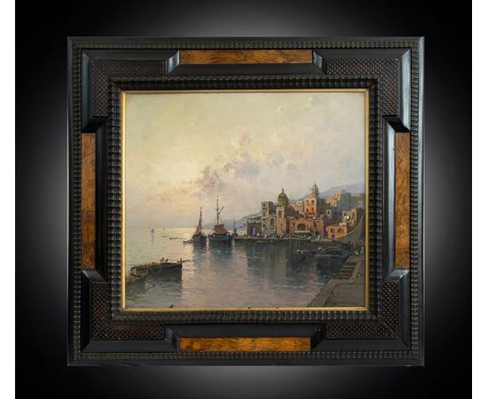 Antique oil on panel painting with contemporary frame signed "Nicolas De Corsi 1882-1956" depicting a view of Torre del Greco.