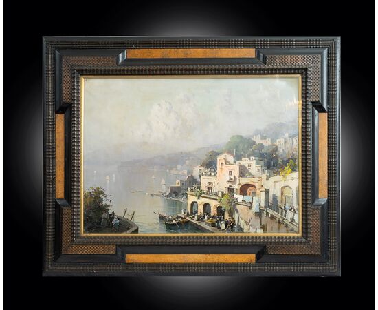 Antique oil painting on canvas with coeval frame signed "Nicolas De Corsi 1882-1956" depicting a view of the Amalfi Coast.