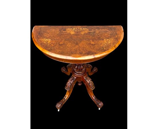 Walnut veneer burr game console table with inlay.