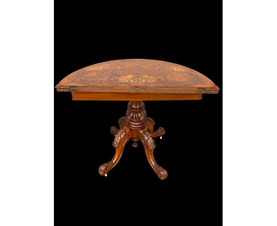 Walnut veneer burr game console table with inlay.