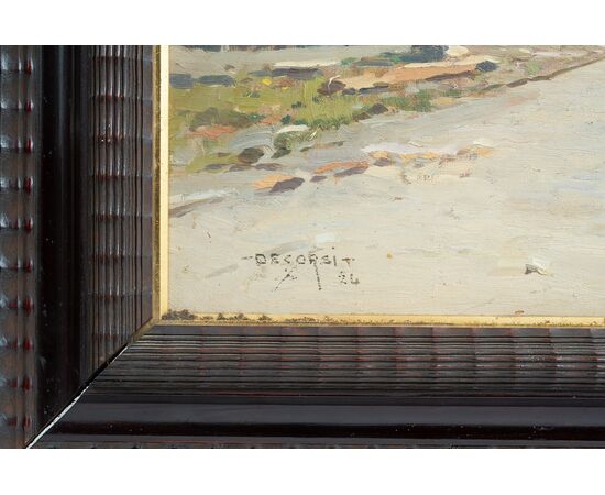 Dipinto antico olio su tela con cornice coeva firmato"Nicolas De Corsi 1882-1956" raffigurante una fascia costiera.