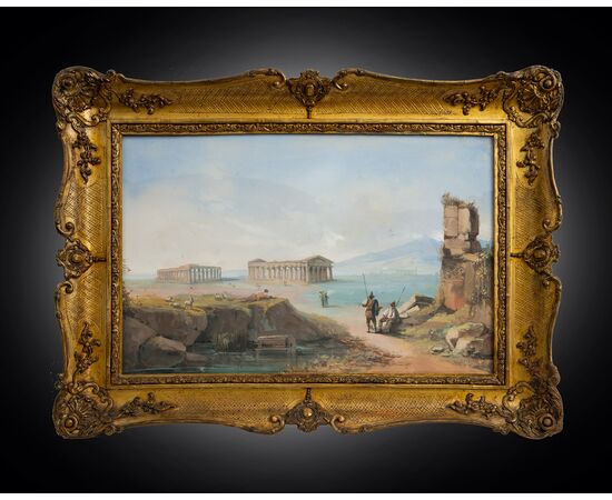 Coppia di Gouaches antichi Napoletani raffigurante i templi di Paestum e veduta della penisola Sorrentina.