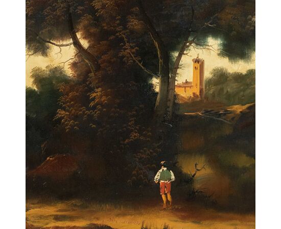 Pittore italiano (XIX-XX sec.) - Paesaggio fluviale con bosco e cittadina.