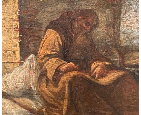 Pittore italiano (XVII-XVIII sec.) - Frate francescano pellegrino assiso a scrivere (bozzetto preparatorio).