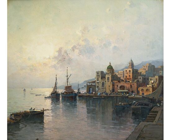 Dipinto antico olio su tavola con cornice coeva firmato"Nicolas De Corsi 1882-1956" raffigurante una veduta di Torre del Greco.