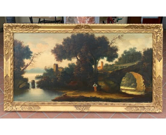 Pittore italiano (XIX-XX sec.) - Paesaggio fluviale con bosco e cittadina.