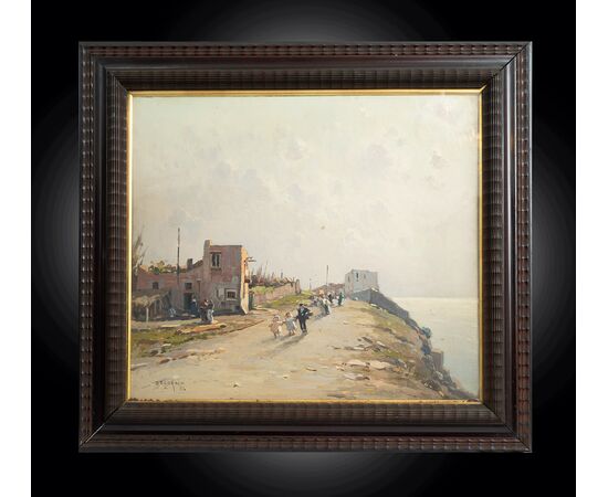 Antique oil on canvas painting with contemporary frame signed "Nicolas De Corsi 1882-1956" depicting a coastal strip.