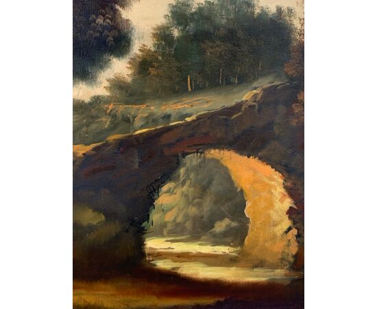 Pittore italiano (XIX-XX sec.) - Paesaggio fluviale con bosco e cittadina.