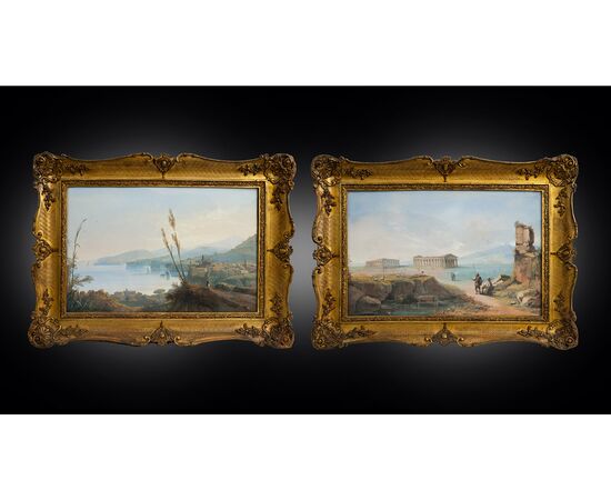 Coppia di Gouaches antichi Napoletani raffigurante i templi di Paestum e veduta della penisola Sorrentina 19secolo.