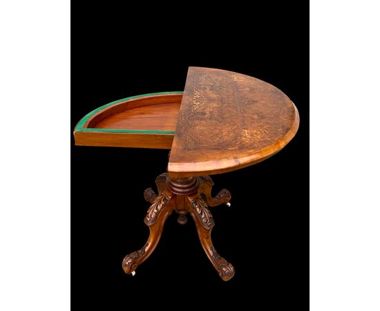 Walnut veneer burr game console table with inlay.