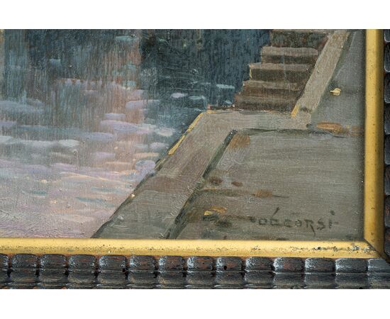 Antique oil on panel painting with contemporary frame signed "Nicolas De Corsi 1882-1956" depicting a view of Torre del Greco.