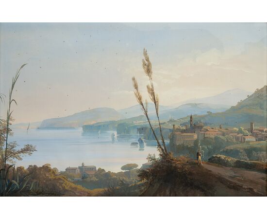 Coppia di Gouaches antichi Napoletani raffigurante i templi di Paestum e veduta della penisola Sorrentina 19secolo.