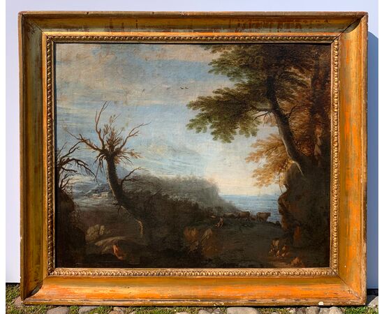 Circle of Alessio de Marchis (Naples 1684 - Perugia or Urbino 1752) - Arcadian landscape with shepherds and flock.