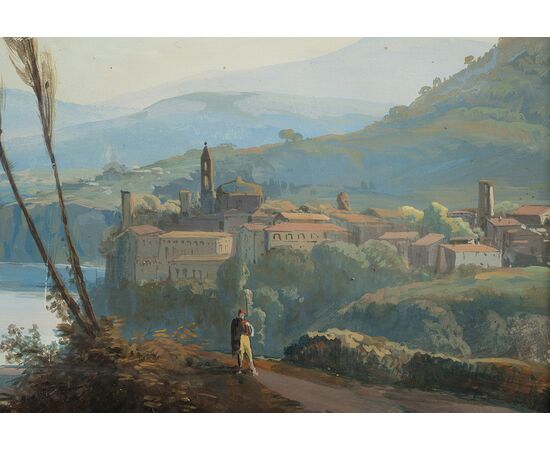 Coppia di Gouaches antichi Napoletani raffigurante i templi di Paestum e veduta della penisola Sorrentina.