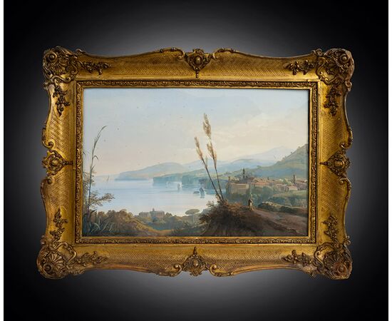 Coppia di Gouaches antichi Napoletani raffigurante i templi di Paestum e veduta della penisola Sorrentina 19secolo.