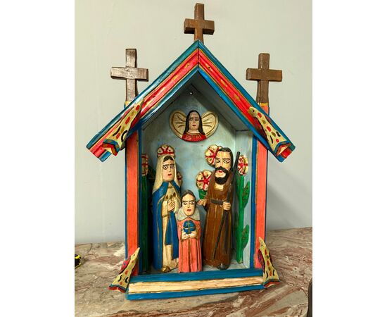 Contemporary 20th century artwork, wood sculpture and Nativity hut, 64x46x23cm