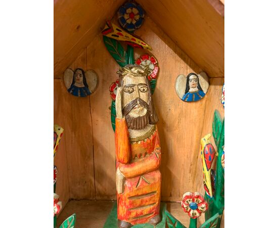 Contemporary painted wood artwork, Nativity scene with Jesus, 56x57x30cm