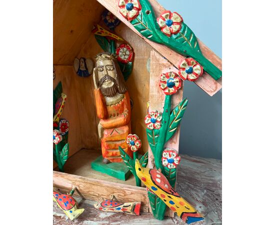 Contemporary painted wood artwork, Nativity scene with Jesus, 56x57x30cm