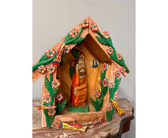 Contemporary painted wood artwork, Nativity scene with Jesus, 56x57x30cm