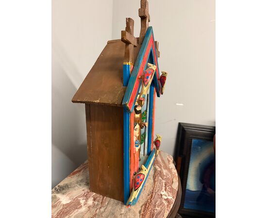 Contemporary 20th century artwork, wood sculpture and Nativity hut, 64x46x23cm