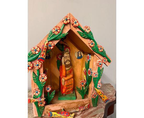 Contemporary painted wood artwork, Nativity scene with Jesus, 56x57x30cm