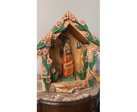 Contemporary painted wood artwork, Nativity scene with Jesus, 56x57x30cm