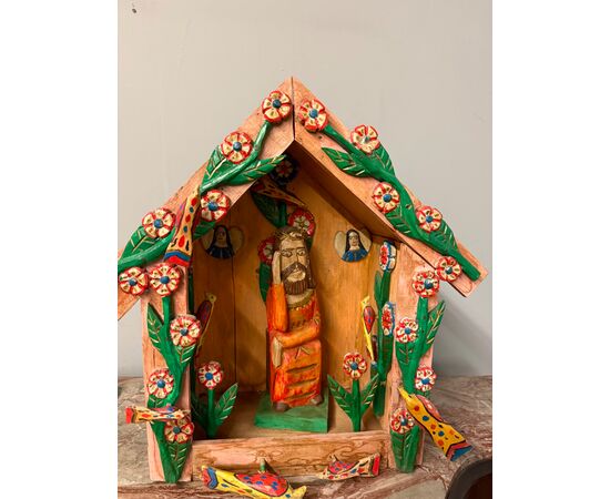 Contemporary painted wood artwork, Nativity scene with Jesus, 56x57x30cm