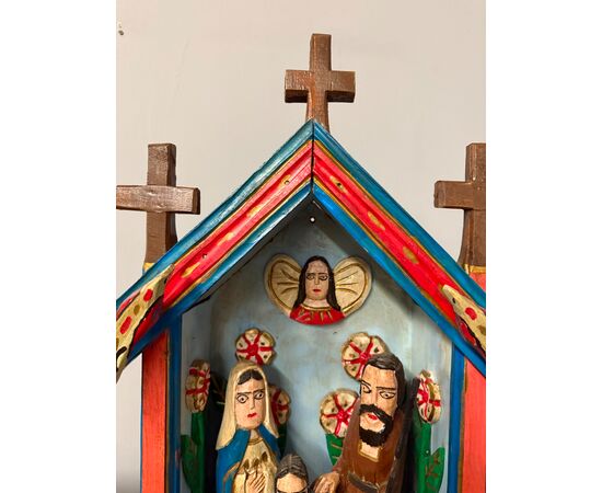 Contemporary 20th century artwork, wood sculpture and Nativity hut, 64x46x23cm