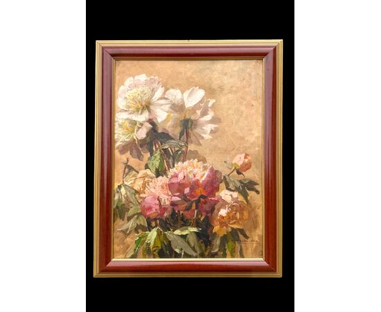 Oil painting on canvas depicting flowers. Signed.
