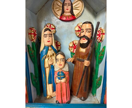 Contemporary 20th century artwork, wood sculpture and Nativity hut, 64x46x23cm