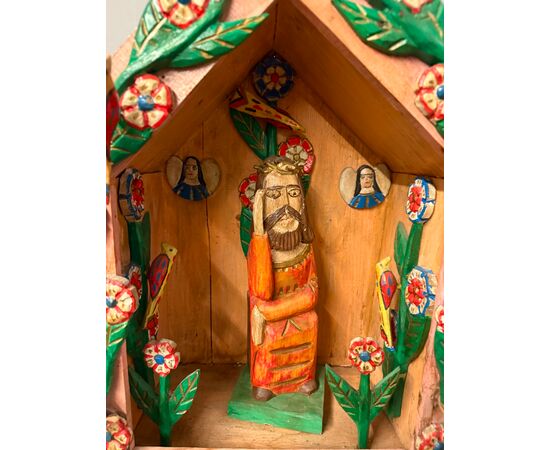 Contemporary painted wood artwork, Nativity scene with Jesus, 56x57x30cm