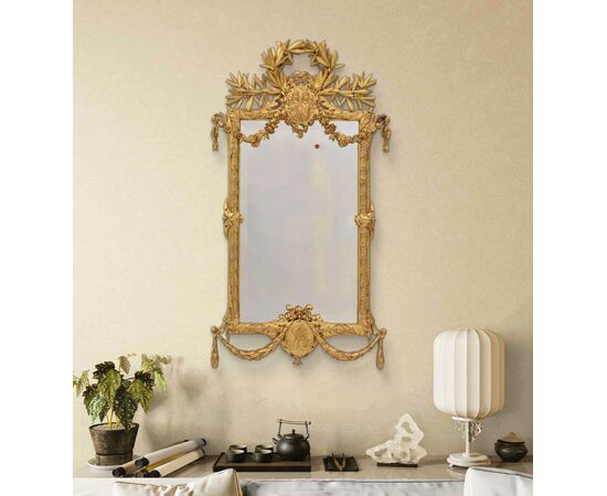 SPECCHIO ANTICO CON STEMMA, SPECCHIERA LUIGI FILIPPO, CORNICE DORATA IN LEGNO INTAGLIATO, XIX  (SPC193)