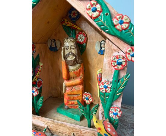 Contemporary painted wood artwork, Nativity scene with Jesus, 56x57x30cm