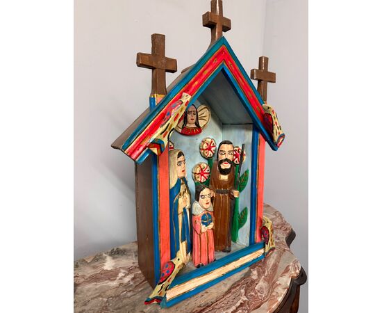 Contemporary 20th century artwork, wood sculpture and Nativity hut, 64x46x23cm