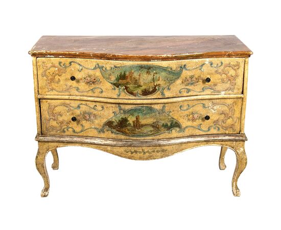 Comò in legno laccato e dipinto in policromia a paesaggi, Marche, XVIII secolo