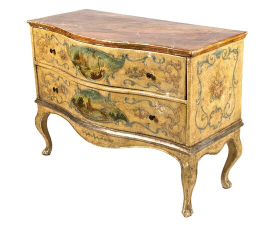 Comò in legno laccato e dipinto in policromia a paesaggi, Marche, XVIII secolo