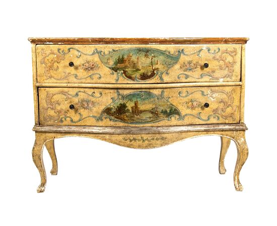 Comò in legno laccato e dipinto in policromia a paesaggi, Marche, XVIII secolo