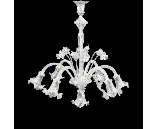 Lampadario “Ca’ Venier” a sei luci in vetro soffiato di Murano. Italia, inizi XX secolo.