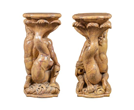 Pair of yellow marble vase-holder sculptures - Poseidon and Amphitrite. Italy, 19th-20th century.