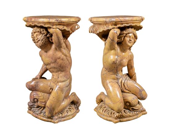 Pair of yellow marble vase-holder sculptures - Poseidon and Amphitrite. Italy, 19th-20th century.