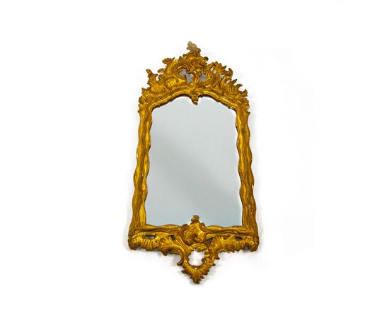 Small carved, sculpted and gilded wooden mirror, 18th century