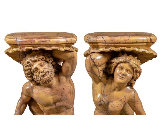 Pair of yellow marble vase-holder sculptures - Poseidon and Amphitrite. Italy, 19th-20th century.