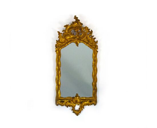 Small carved, sculpted and gilded wooden mirror, 18th century