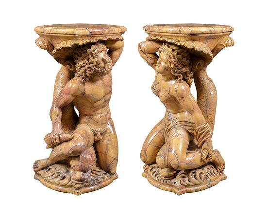 Pair of yellow marble vase-holder sculptures - Poseidon and Amphitrite. Italy, 19th-20th century.