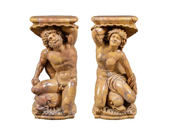 Pair of yellow marble vase-holder sculptures - Poseidon and Amphitrite. Italy, 19th-20th century.