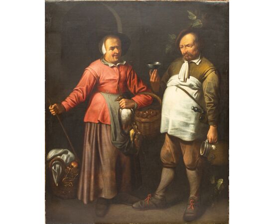 Dipinto con coppia di osti - '600 fiammingo - olio su tela