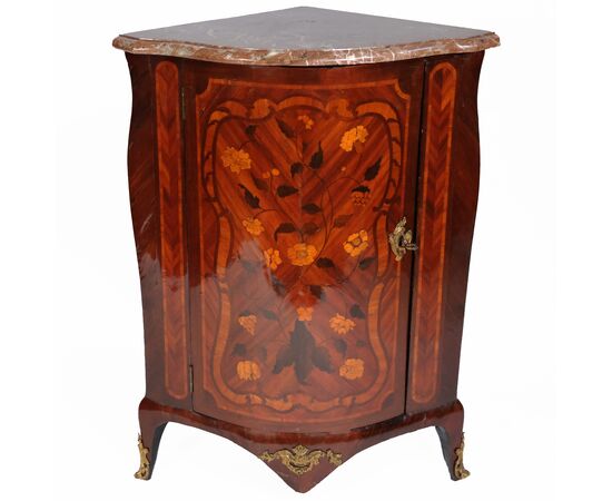 Corner cabinet with floral inlays in rosewood, violet wood and rosewood, Mathieu Criard, France, 18th century