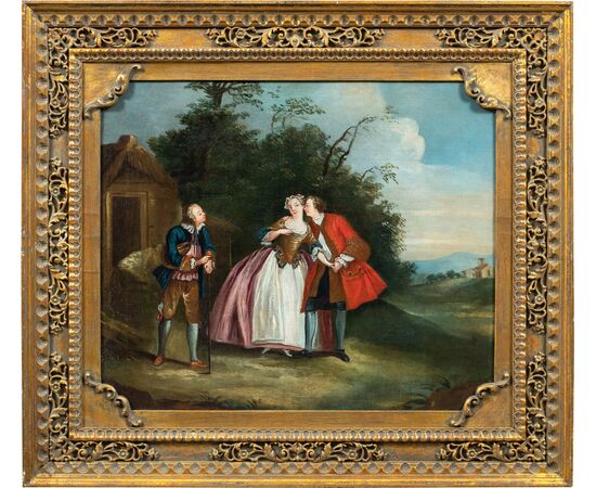 Seguace di Nicolas Lancret (Parigi 1690 - Parigi 1743) - Scena galante in un paesaggio.