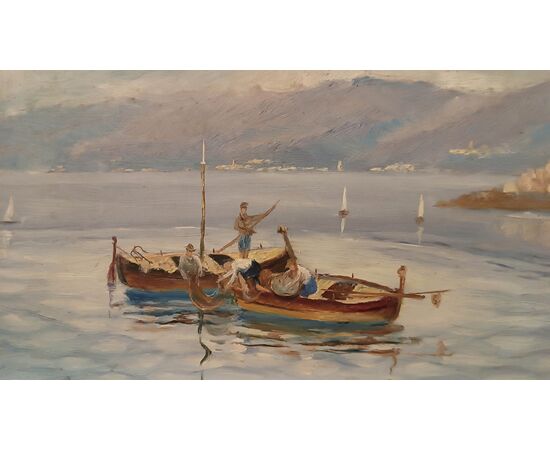 PAINTING WITH SEASCAPE AND BOATS, FIRST HALF OF THE 20TH CENTURY